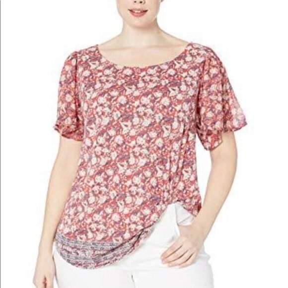 Lucky Brand Woven Mix Print Flutter Sleeve Top 1X - Picture 1 of 16